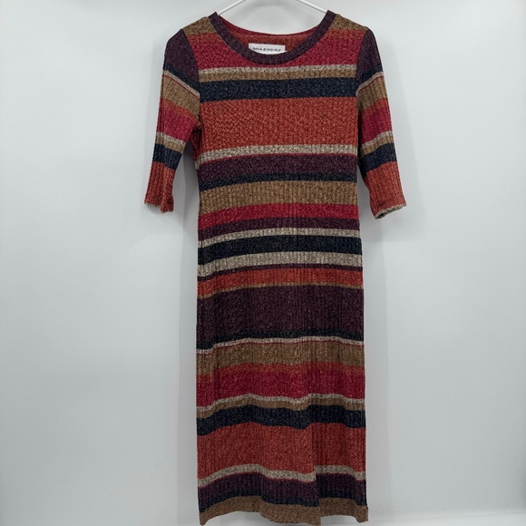 Emma Michele Dress Women 6 Orange Brown Stripes Ribbed Knit Midi 3/4 Sleeves - Picture 1 of 10